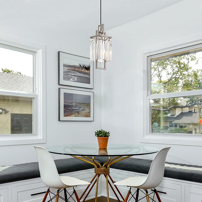 Modern Brushed Nickel Pendant Light Fixture for Kitchen Island and Dining Room, Industrial Small Hanging Crystal Chandelier Light Fixture for Bedroom Entryway Living room Foyer Hallway 1-Pack - Image 8
