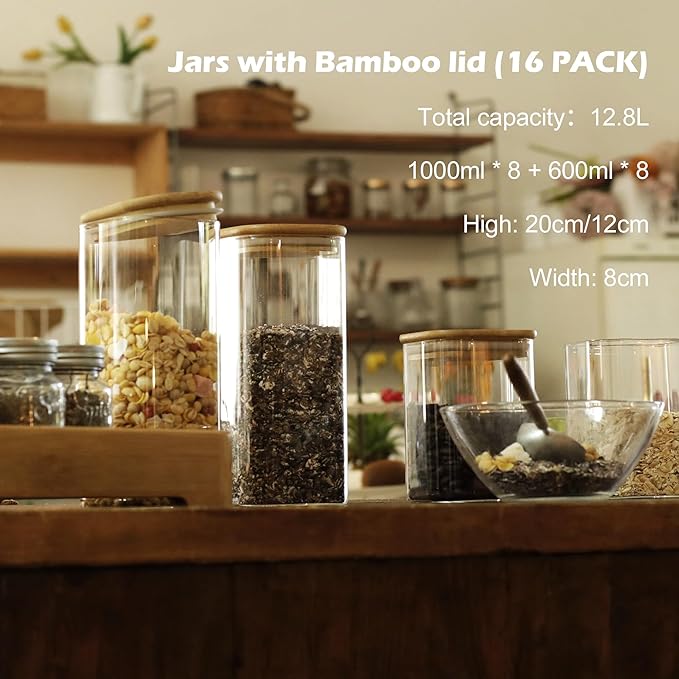 LIBWYS 16-Pack Square Glass Storage Jars with Bamboo Lids (0.6Qt/1.06Qt) | Stackable Dry Food Containers for Pantry Organization, Coffee, Flour, Snacks, Tea, Pasta, Spaghetti | Kitchen Canisters Set - Image 6