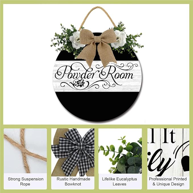 Powder Room Door Sign Round Wooden Wall Sign Rustic Wreath Decor for Front Door Porch Home Wall Farmhouse Decorations 11inch - Image 6