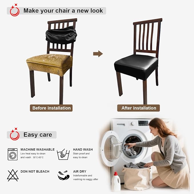 Waterproof Pu Leather Seat Covers for Dining Room Chairs Set of 6,Soft Chairs Seat Slipcovers,Dining Chair Cover Removable Washable Chair Protector Cover Stretch Kitchen Chair Covers - Image 7
