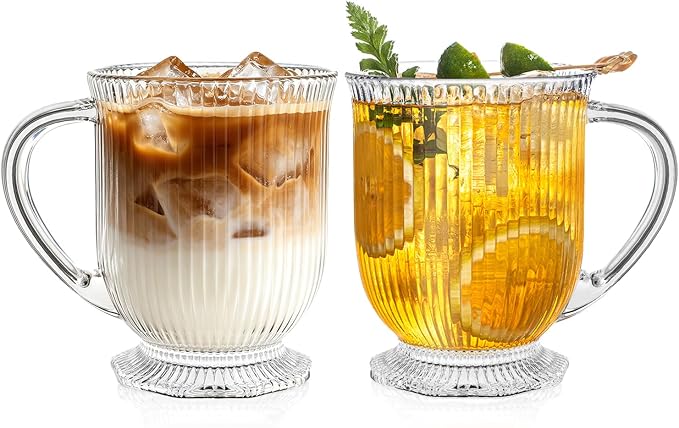 KEMORELA Ribbed Glass Coffee Mug Set, 16oz Clear Glass Mugs with Handle, Bar Accessories, Durable Drinkware for Hot Beverages, Set of 2 Coffee Mugs by KEMORELA