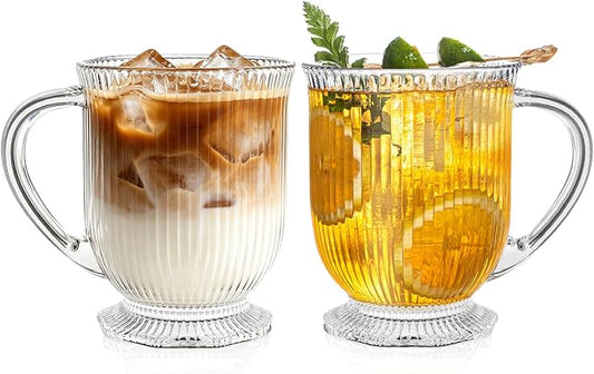 KEMORELA Ribbed Glass Coffee Mug Set, 16oz Clear Glass Mugs with Handle, Bar Accessories, Durable Drinkware for Hot Beverages, Set of 2 Coffee Mugs by KEMORELA