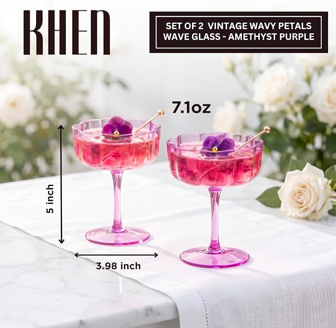 Khen Flower Vintage Wavy Glass Coupes Martini, Champagne & Cocktail Coupes - Set of 2-7oz Colorful Cocktail Glasses & Champagne, Prosecco, Mimosa Glassware Copyright Design - Amethyst Purple - Image 2