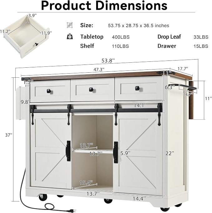 Farmhouse Kitchen Island on Wheels with Drop Leaf & Power Outlet, 53.7-Inch Rolling Storage Island Cart with Drawers, Sliding Barn Door Cabinets, Spice Rack (Retro White) - Image 2