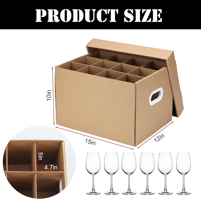 4 Pack Wine Glass Dish Moving Boxes with Handles and Lids | 15 x 12 x 10 Inches Moving Boxes with Lid Glassware Dish Packing Box Corrugated Dividers for Kitchen Dish Glassware, Brown - Image 4