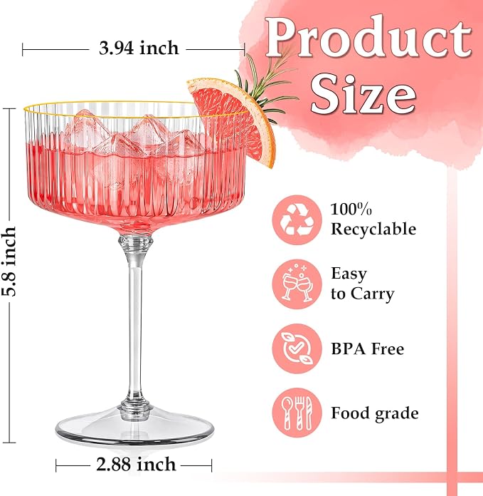 50 Pcs Ribbed Martini Glasses Bulk 10oz Champagne Martini Glasses Plastic Gold Rim Espresso Martini Glass Vintage Coupe Glass Margarita Glasses Disposable Clear Glassware Dessert Cup for New Year - Image 2