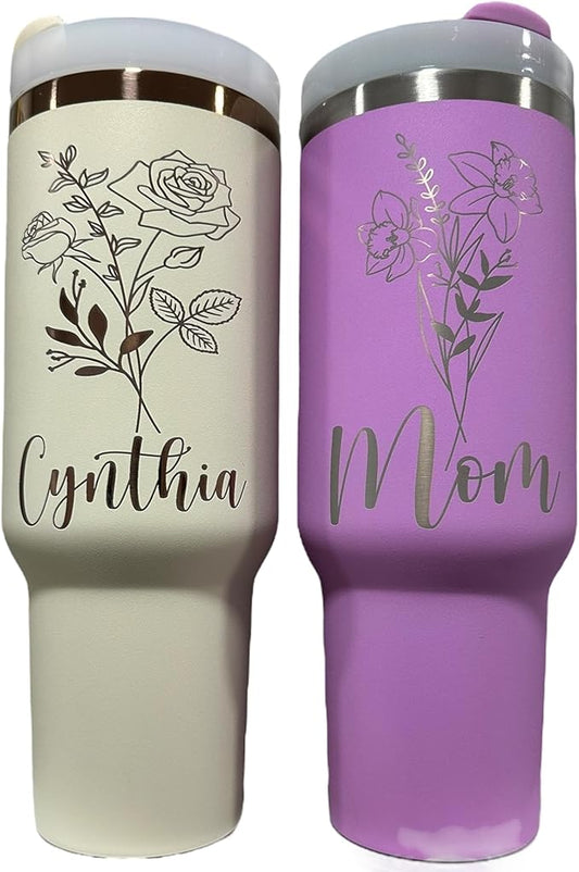 Western Engraved 40oz Tumbler, Tumbler with handle, Cowgirl Tumbler, Country Mug with Handle (Birth flower)