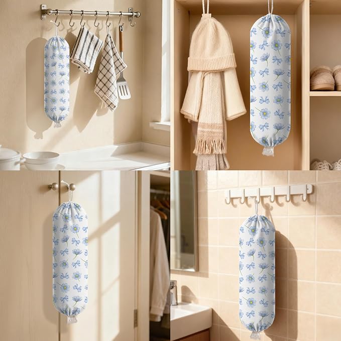 Plastic Bag Holder Dispenser, Plastic Grocery Bag Organizer & Wall Mount Paper Trash Bags Saver Storage for Kitchen Home Pantry Decor - Blue Floral Shopping Bags Storage Dispenser - Image 7