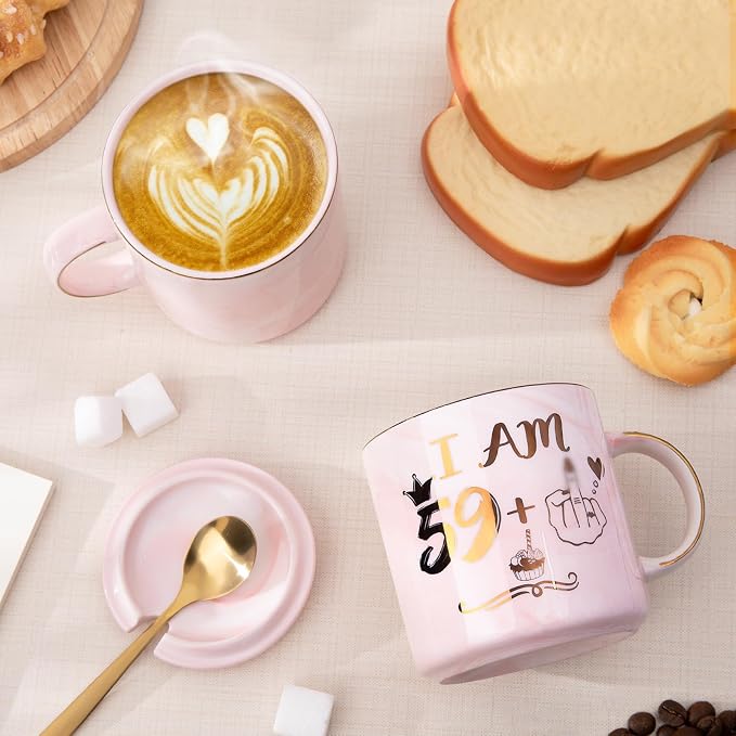 Funny 60th Birthday Coffee Mug for Women - 14oz Pink Marble Ceramic Mug, Playful Gold 59 Plus 1 Hand Design - Hilarious Turning 60 Year Old Gift for Mom, Sister, Best Friend, Wife, Neighbor, Colleague - Image 4