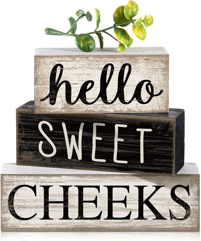 Moucuny 4 Pcs Bathroom Shelf Decor Hello Sweet Cheeks Sign Farmhouse Bathroom Decor and Accessories Rustic Eucalyptus Leaves Wood Block Sign Gift Sweet Home Table Centerpiece for Home Office by Moucuny