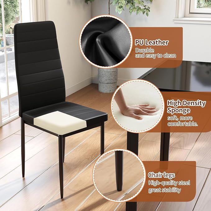 FDW | Dining Table Set for 4 | 5-Piece Glass Black Dining Table | Kitchen Table with 4 Upholstered Chairs and Faux Leather Cushions | Space-Saving and Modern Design | for Dining Room, Easy to Assemble - Image 5