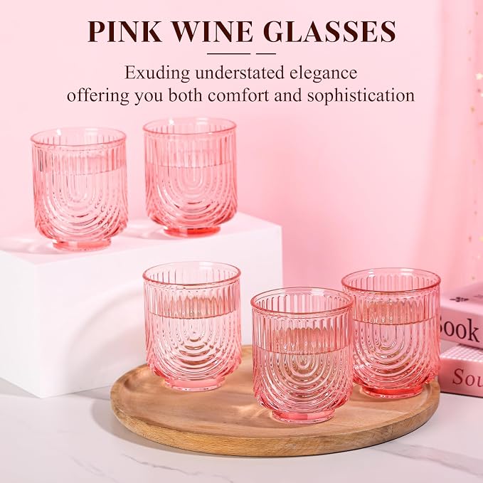 Pink Vintage Drinking Glasses Set of 6-15oz Hand-Blown Highball Ribbed Glassware, Arch Design Cocktail Glasses for Whiskey Water Beverages Ice Coffee Juice Milk - Image 2