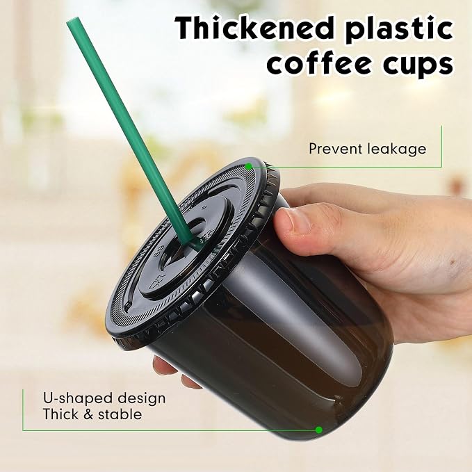 Baderke 25 Set Plastic Cups with Lids and Straws, Disposable Plastic Iced Coffee Cup for Cold Beverage Juice Smoothie Crystal for Coffee Shops Party Catering (Black,12 oz) - Image 3