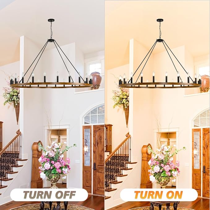WJShome 24-Light Black and Khaki Wagon Wheel Chandelier, 54" Large Chandeliers for High Ceilings, Farmhouse Dining Room Light Fixture, Modern Chandeliers for Living Room, Foyer, Entryway - Image 5