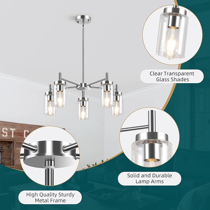 5 Lights Brushed Nickel Modern Farmhouse Chandelier for Dining Room with Glass Shade, Pre-Wired Height Adjustable Pendant Ceiling Lighting Fixture for Dining Living Room Bedroom Kitchen Foyer - Image 6