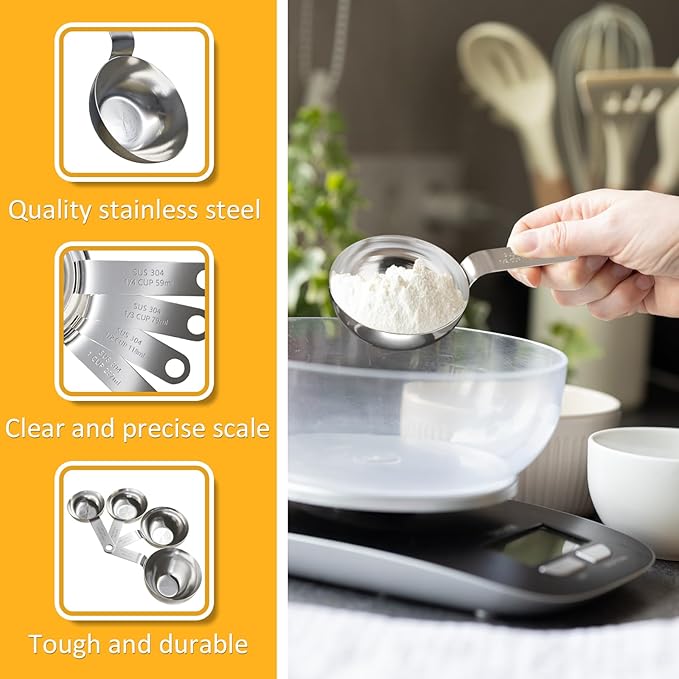 2PCS 1Cup (237ml, 8oz) Single Measuring Cup with Black Silicone Grip, 18/8 Stainless Steel Individual Measure Scoop Only