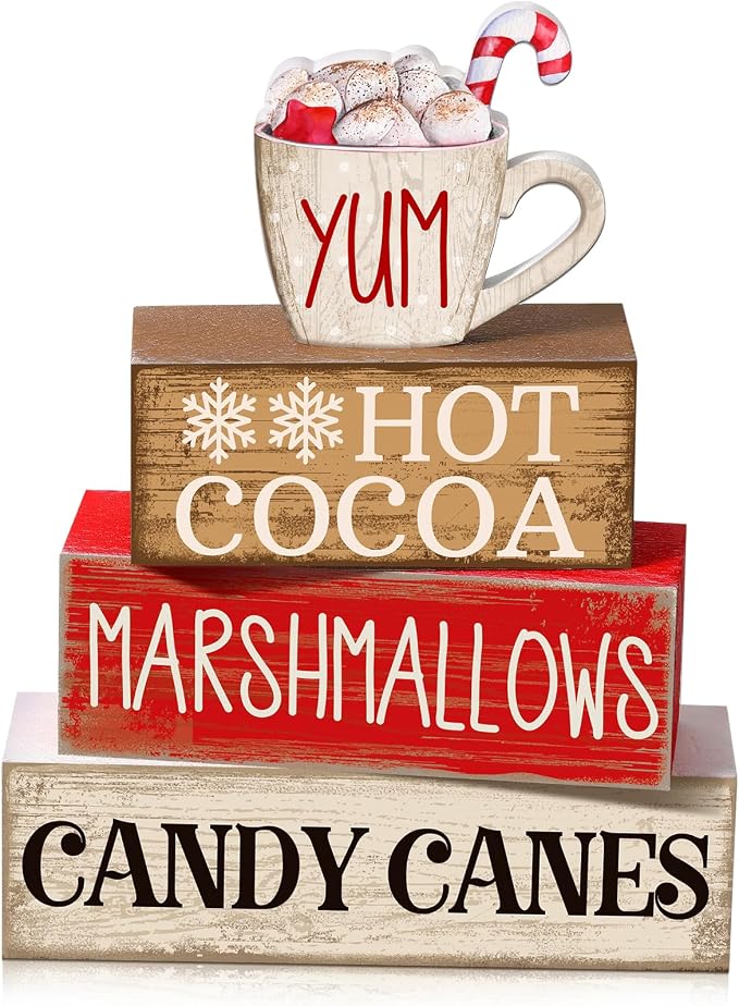 Moucuny 4 Pcs Wooden Christmas Tabletop Decor Hot Cocoa Tiered Tray Decor Rustic Wood Hot Cocoa Block Sign Gift Merry Christmas Centerpiece Farmhouse Winter Table Decoration by Moucuny