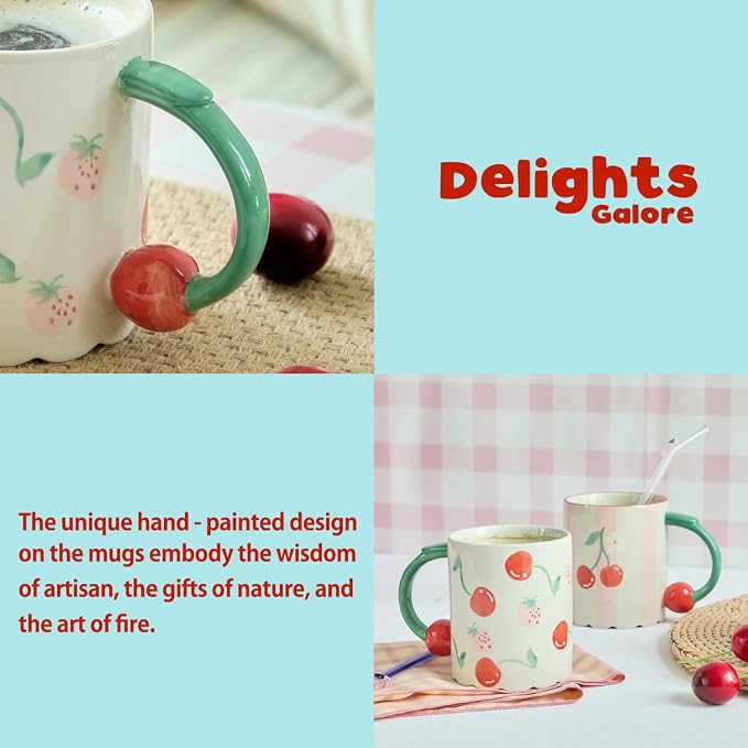 15oz Hand Painted Mug with 3D Cherry Handle - Strawberry & Cherry Pattern. Lead-Free, Microwave/Dishwasher Safe. Aesthetic Coffee Tea Cup Gift for Women & Girls-2pack - Image 3
