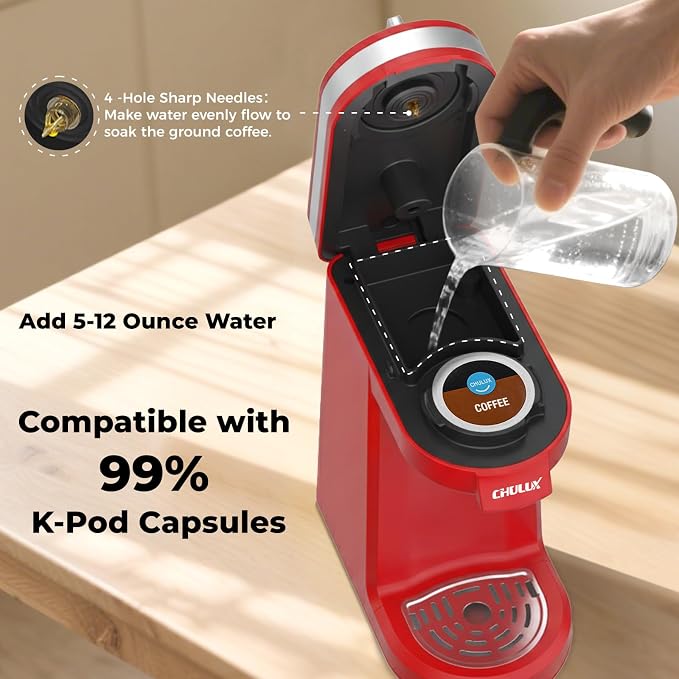 CHULUX Mini Single Cup Coffee Maker for K Pod, Perfect for Small Space, Red | Fast-Heating Boiler System, Single Cup Brewing, Portable Compact Design, Four-Hole Multi-Stream Needle, Adjustable Drip Tray - Image 6