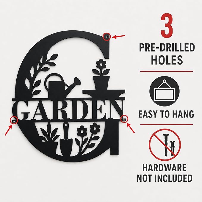 Garden Metal Wall Decor, Farmhouse Outdoor Garden Sign, 13.1 Inch | 14-inch matte black metal GARDEN sign for patios, greenhouses, porches, sheds, and farmhouse outdoor wall decor. - Image 7