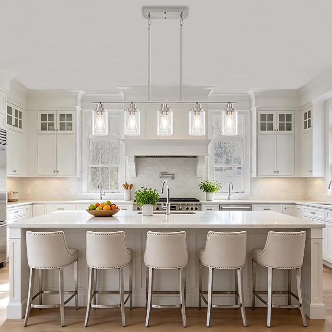 Brushed Nickel Linear Chandelier Over Table, Dining Room Light Fixtures | 5-Light Kitchen Island Lighting, 37'' Modern Island Lights for Kitchen with Clear Glass Shade, Adjustable Height - Image 3