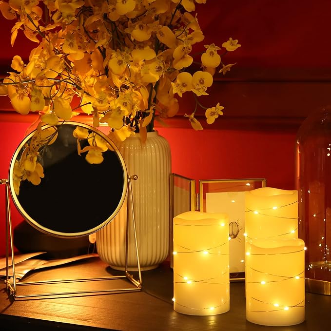 H-BLOSSOM Flickering Flameless Candles Ivory Real Wax Pillar with Embedded String Lights LED Candles Battery Operated with Cycling 5H Timer Set of 3 (3" x 4"/5"/6") (Ivory) - Image 2