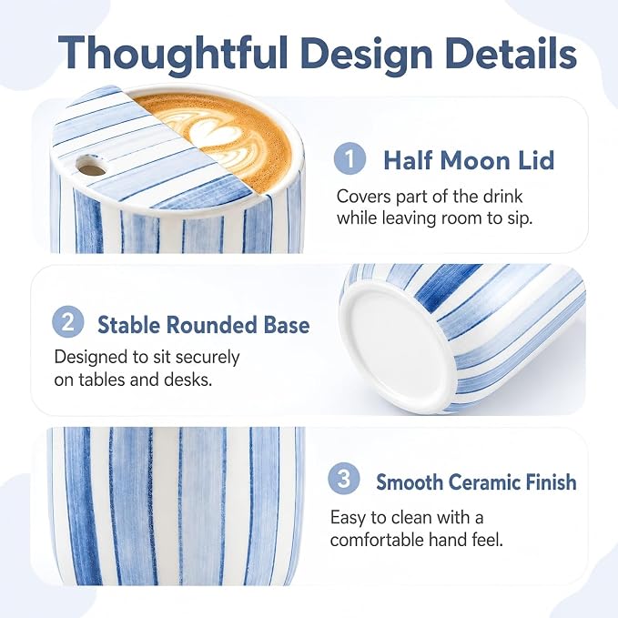 Ceramic Mug with Sip Hole 10 oz Novelty Blue Striped Ceramic Ice Coffee Mug Hand Painted Travel Mugs Heat Resistant Non Slip Built in One Lid Mugs for Coffee Lovers Appreciation Gift - Image 3