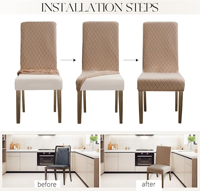 MOSAYT 100% Waterproof Dining Room Chair Covers Set of 4, Super Fit Stretch Jacquard Parson Chairs Slipcovers Removable Washable Chair Seat Protectors for Home, Kitchen, Banquet (Khaki) - Image 5