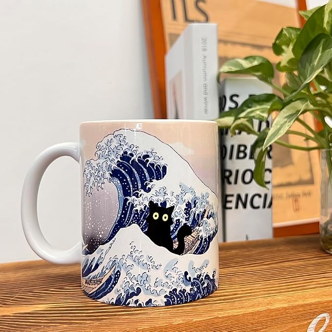 Famous Art Paintings Funny Cat Coffee Mug for Artist Teacher Cat Lovers, Famous Picture Classic Vincent Art Aesthetic Canvas Mug Birthday Gift for Women Man (The Great Wave) - Image 2