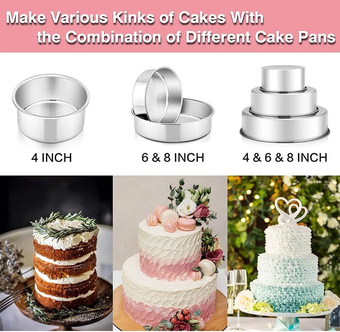 P&P CHEF Cake Pan Set of 3, 4" + 6" + 8" Round Baking Layer Cake Pan Tin | Stainless Steel & Mirror Finish, Bakeware for Birthday Weeding Anniversary, Heavy Duty & Non Toxic, Oven & Dishwasher Safe - Image 4