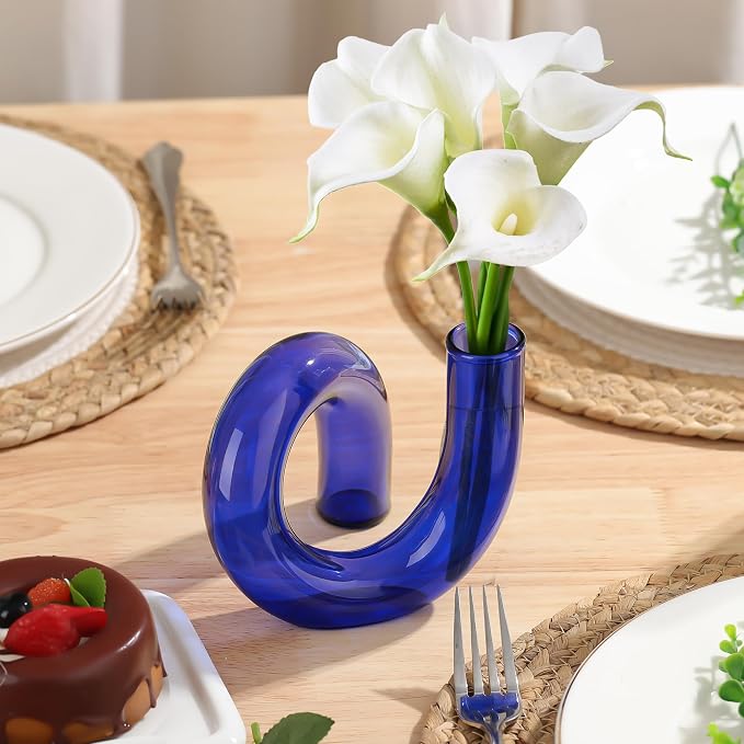 Joeyan Handmade Small Blue Glass Flower Vase,Decorative Geometric Glass Bud Vase for Modern Home Centerpieces Living Room Office,4.72" Abstract Vase for Single Flower and Dry Flowers - Image 7