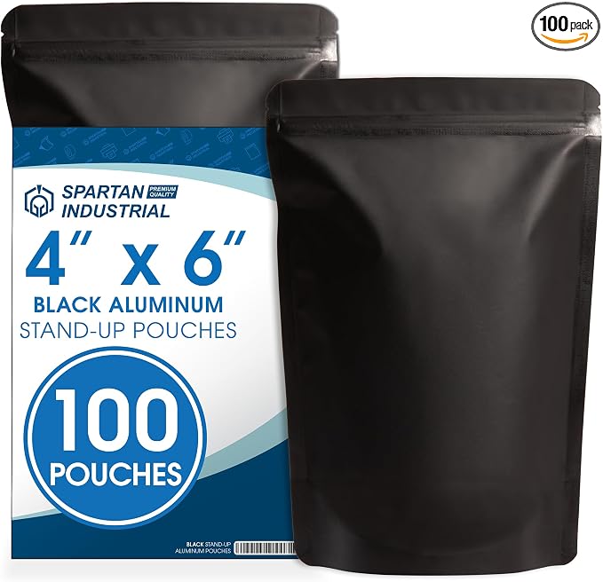 4" X 6" Matte Black Stand-Up Pouches - 100 Count Smell-Proof Mylar Bags | for Food Storage With Heat Sealable Opening and Resealable Zipper - Spartan Industrial by SpartanIndustrial