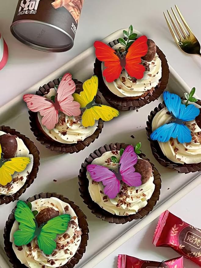 Edible Cherry Blossom Cupcake Toppers – Wafer Paper Flower Cakes Cupcakes Decorations Colorful Edible Flowers for Baby Shower Kids Birthday Spring Party Celebration Supplies (Butterflies B) - Image 6