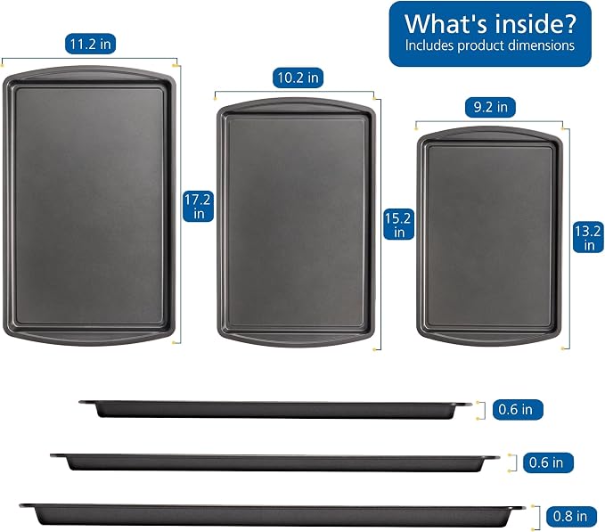 Set of 3 Gray Carbon Steel Nonstick Baking Cookie Sheet Pans, 9 x 13/10 x 15/11 x 17 Inch Multipurpose Oven Safe Bakeware Trays for Cookies, Pastries & Roasting - Image 2