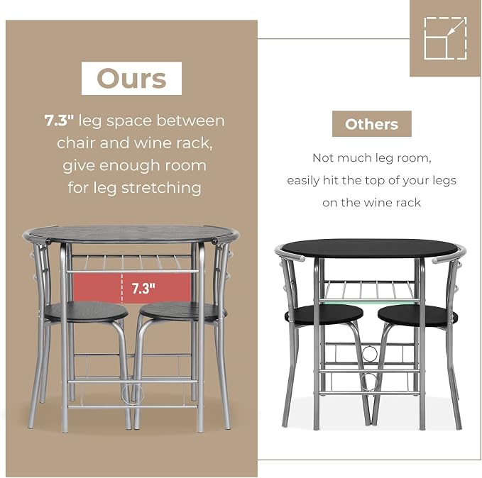 VINGLI 3 Piece Dining Set,Small Kitchen Table Set for 2,Breakfast Table Set,Kitchen Wooden Table and 2 Chairs for Small Space/Dining Room/Apartment,Metal Frame,Wine Rack,Sliver&Black - Image 4