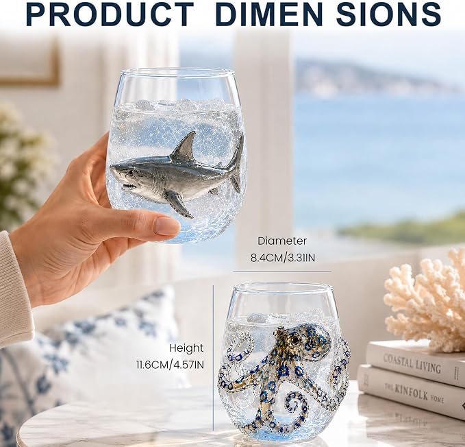 Coastal Stemless Wine Glasses Set of 4, 12oz 3D Ocean Animal Artisan Glassware Collection with Unique Sea Life Designs (I - Set of 2) - Image 3
