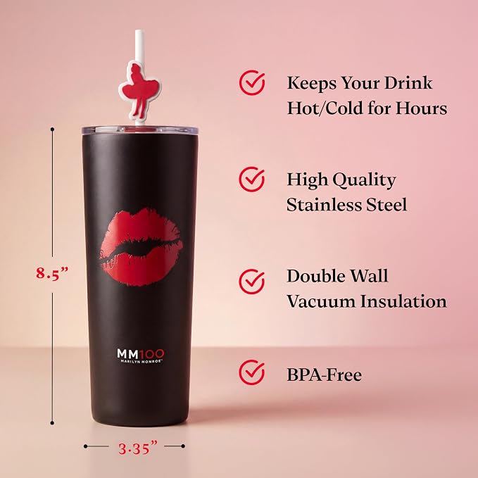 Dragon Glassware x Marilyn Monroe 100th Celebration Tumbler, 24 oz - MM100 | Vacuum Insulated Stainless Steel Tumbler with Straw & Lid; Double Walled Tumbler with Straw Charm; Marilyn Monroe Cup - Image 3
