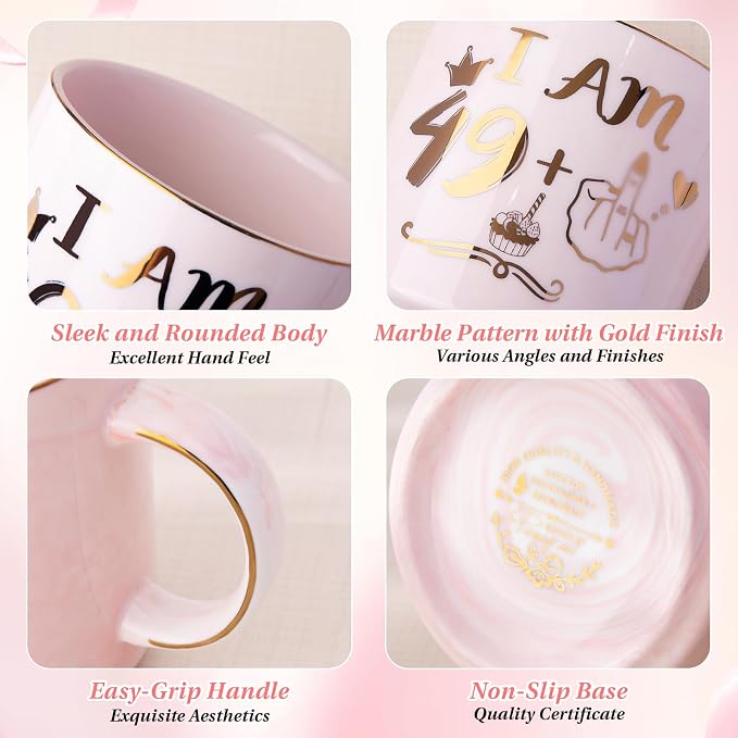 Funny 50th Birthday Gifts for Women, 14oz Pink Mug with 49+1 Hand Design | Marble Ceramic Coffee Cup with Gold Print, Elegant Turning 50 Gift for Her, with Lid, Spoon, Greeting Card, Nice Gift Box - Image 4