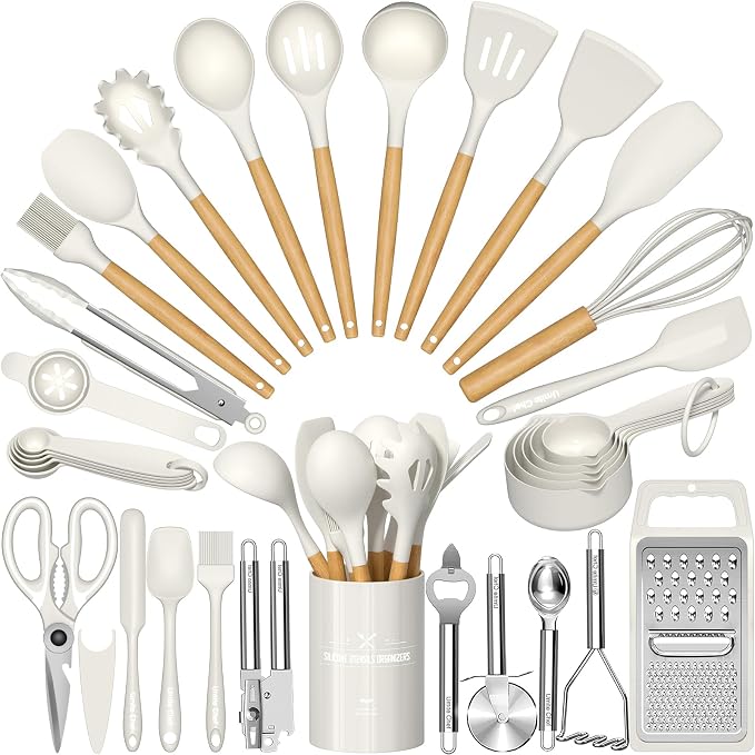 Umite Chef Silicone Kitchen Utensil Set, 34PCS Heat Resistant Kitchen Gadgets and Tools With Grater, Cream White Wood Handles for Nonstick Cookware by UmiteChef