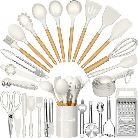 Umite Chef Silicone Kitchen Utensil Set, 34PCS Heat Resistant Kitchen Gadgets and Tools With Grater, Cream White Wood Handles for Nonstick Cookware by UmiteChef