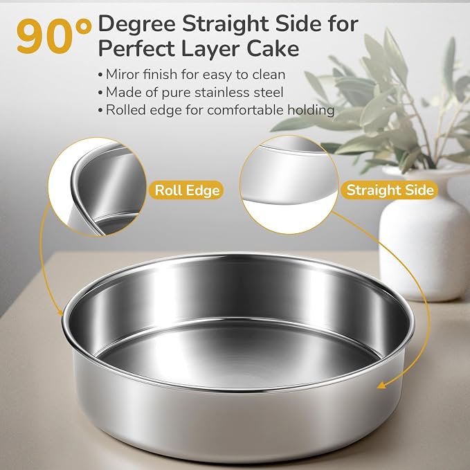 8 inch Cake Pans, Round Baking Layer Cake Pan Set of 2, Stainless Steel Mirror Finish & Dishwasher Safe for Birthday, Party, Wedding - Image 6