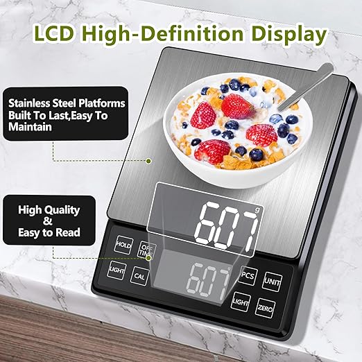 Digital Food Scale with 0.01oz/0.1g High Precision, Kitchen Scale 11lb/5kg Capacity, USB-C Rechargeable, LCD with Backlight, Stainless Steel Pan, Kitchen Scale for Cooking, Baking, Weight Loss