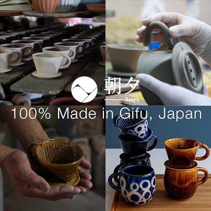Asayu Japan Ceramic Coffee Pour Over Maker Set in Dark Navy Blue, Slow Brewing Paper Filter Holder and Dripper with 3 Holes for Coffee and Tea - Complete 2PCS Set