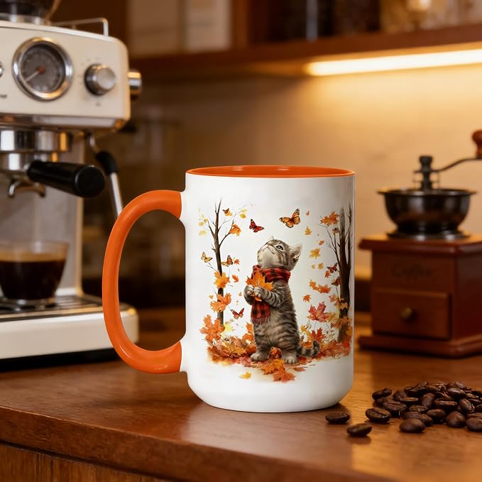 Cat Mug for Cat Lovers, Cute Kitten Fall Coffee Mugs, White, 15oz | Ceramic, Maple Leaf Tea Cup with Orange Handle, Ideal for Hot & Cold Drinks, Fun Novelty Gift for Women, Coworkers - Image 9
