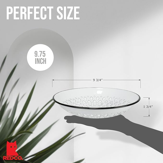 Red Co. Enamelware Metal Classic 9.5 Inch Round Flat Food Strainer Colander, Solid White/Black Rim - Image 5
