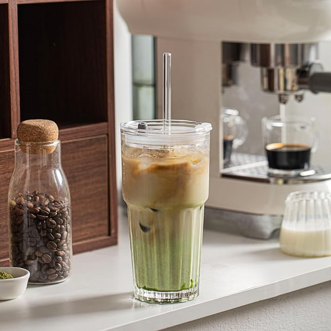INSETLAN 20oz Clear Glass Cups & Tumbler Set with Lids & Straws – 2-Pack, Reusable Drinking Cups for Iced Coffee, Smoothies, Tea, Juice, Leak-Proof, Spill-Proof, Ideal for Home and Outdoor Use