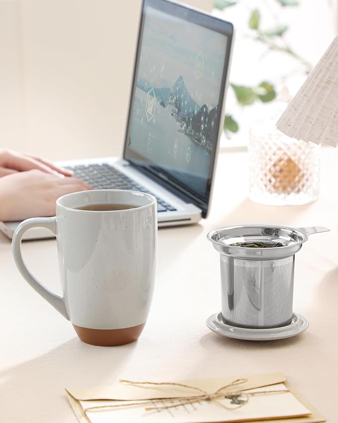 MALACASA Ceramic Tea Mug with Lid and Stainless Steel Infuser, 18 oz Large Tea Cup for Loose Leaf Tea, Heat-Resistant, Microwave & Dishwasher Safe, Speckled Glaze Coffee & Tea Brewer Mug, Khaki Gray - Image 6