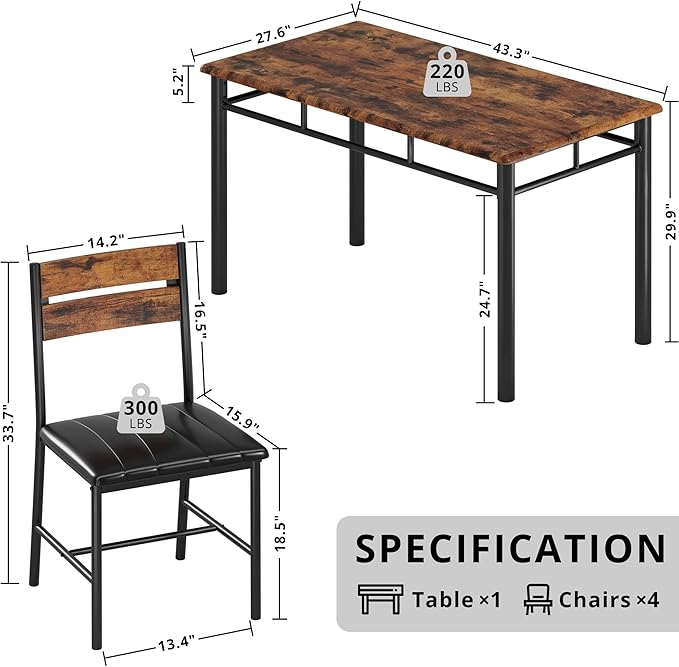 IRONCK Dining Table Set for 4, Rustic Brown | Wood Kitchen Table with Upholstered Chairs for Kitchen Room and Small Spaces - Image 2