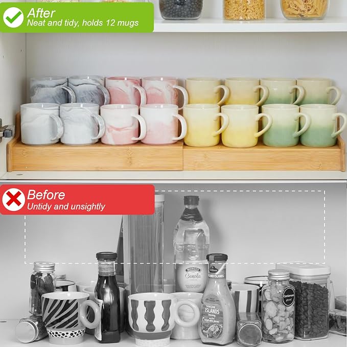 Hongtamoya 2-Tier Expandable Bamboo Mug Holder Coffee Mug Rack Organizer for Countertop, Multi-Functional Mug Display Shelf for Coffee Bar, Kitchen, and Home (15.35"~29.92") - Image 4