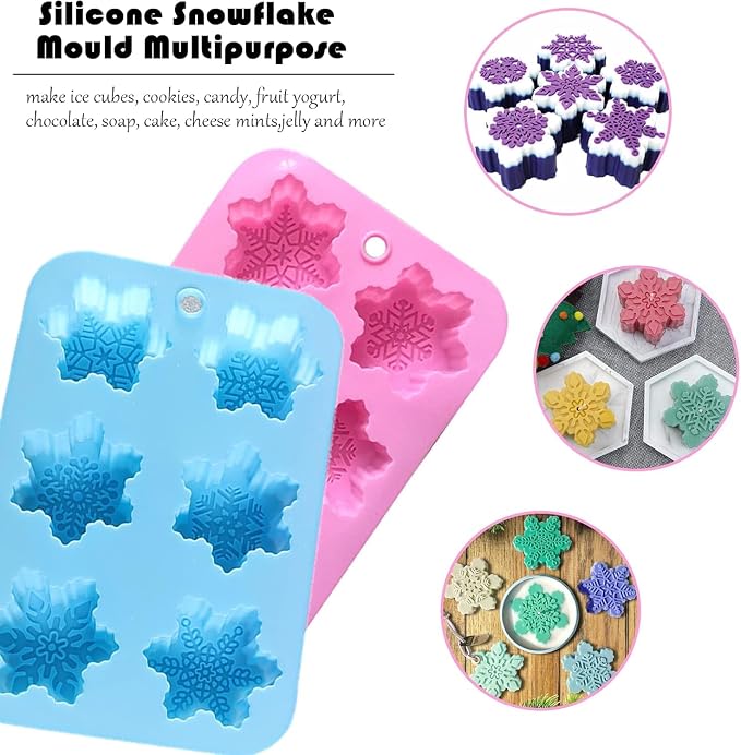 Silicone Snowflake Molds - 2 Pcs Christmas Soap Molds Non-Stick 3D Snowflake Candle Bath Bomb Mold Christmas Baking Tray Cake Cupcake Backing Mold Chocolate Candy (Pink/Blue) - Image 4